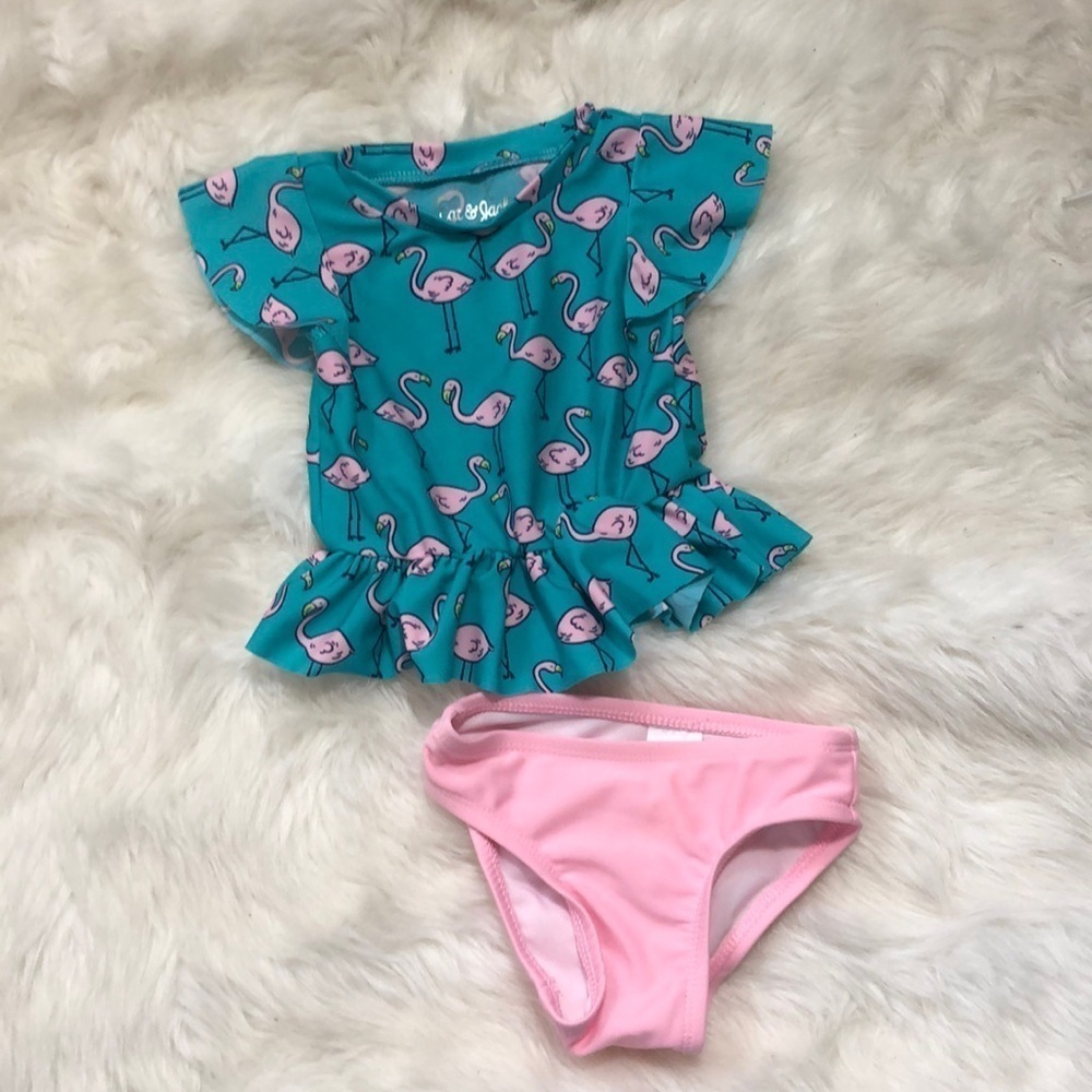 Cat & Jack 9 month swimsuit baby girl blue and pink flamingo two piece